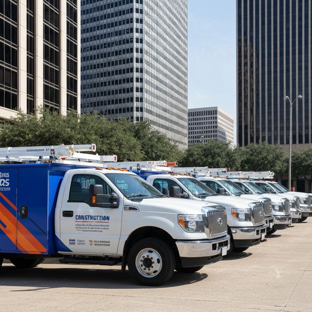 Fleet of construction work trucks with custom blue and orange vinyl graphics - Vehicle graphics project by Cornerstone Print Co. in Springfield MO