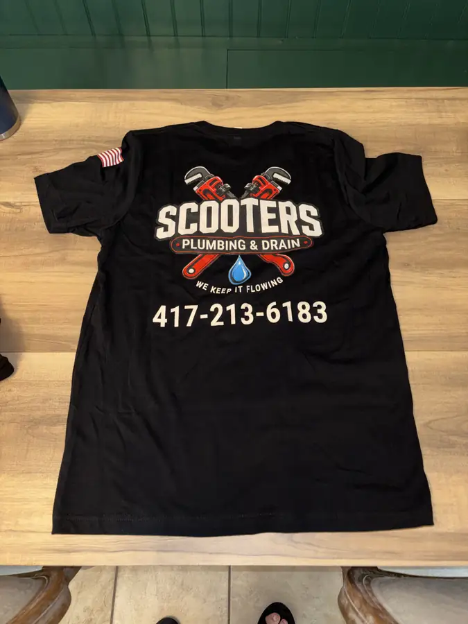 Black Scooters Plumbing & Drain t-shirt with full back logo print